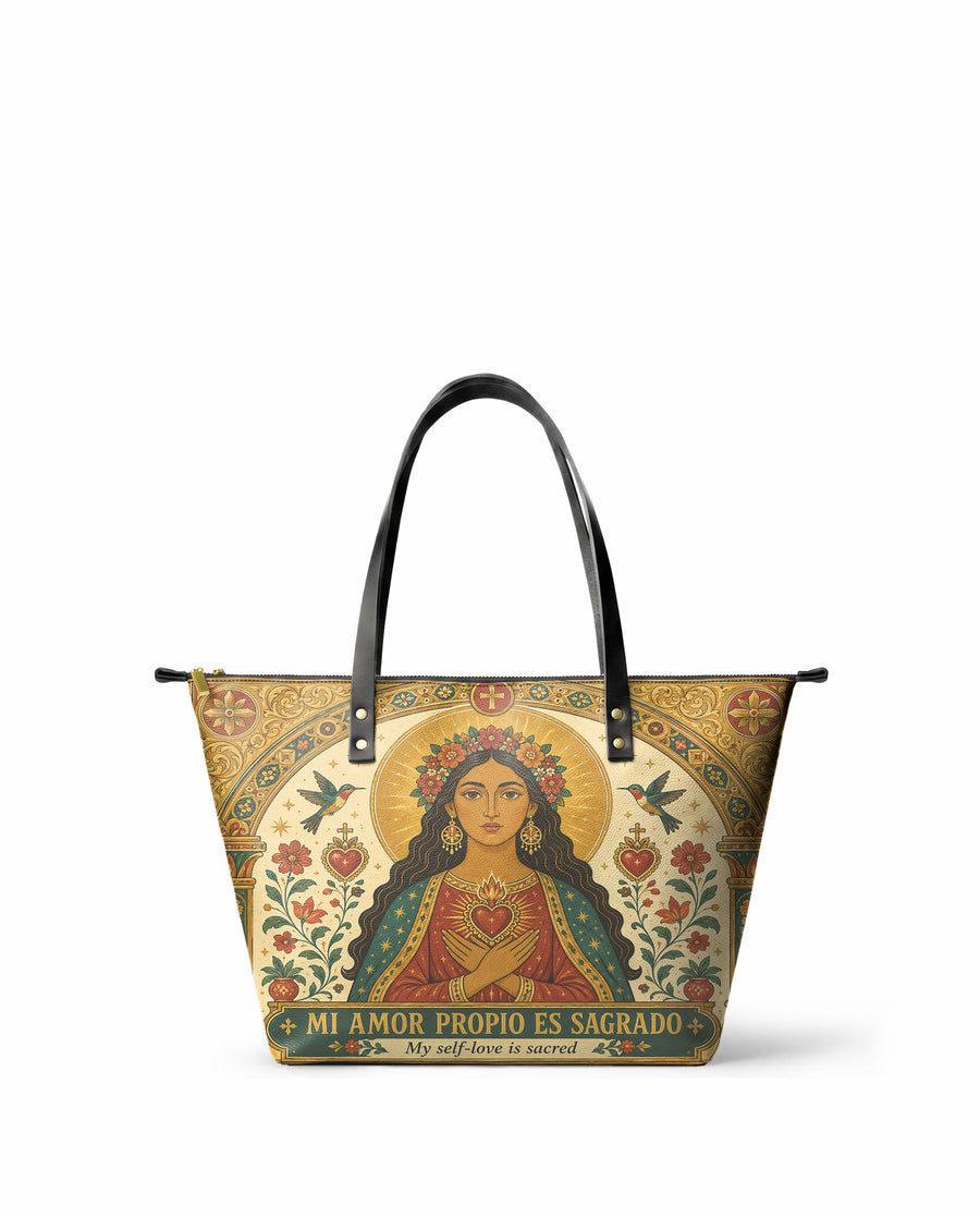 "Mi amor propio es sagrado" ver.2 Leather Tote Bag