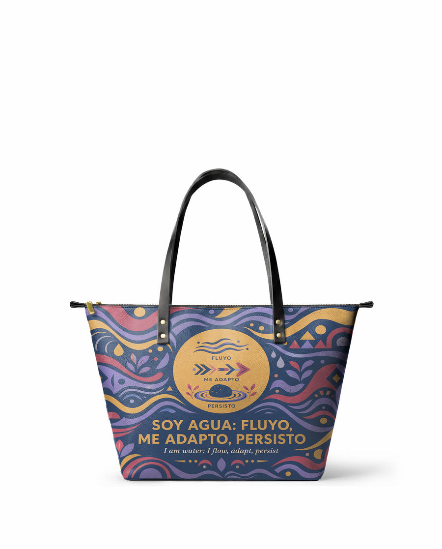 "Soy agua fluyo, me adapto, persisto" ver.3 Leather Tote Bag