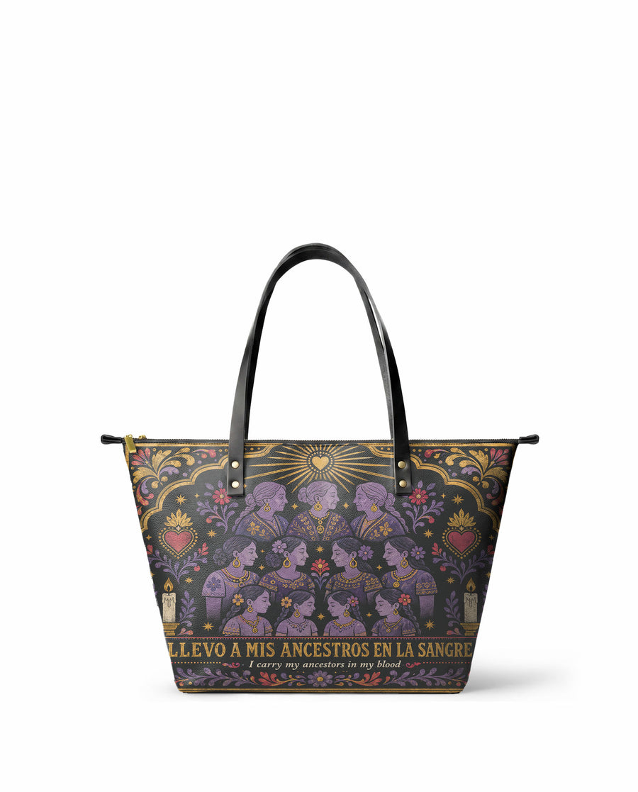 "Llevo a mis ancestros en la sangre" ver.3 Leather Tote Bag