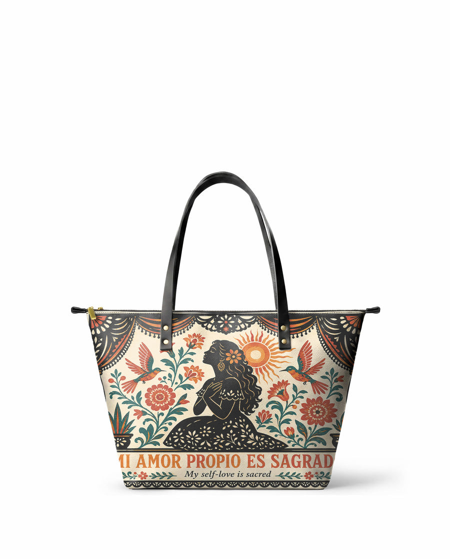 "Mi amor propio es sagrado" ver.5 Leather Tote Bag