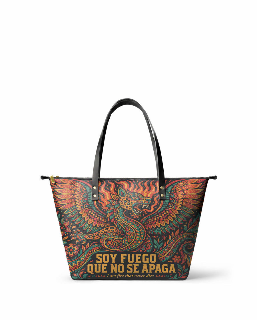 "Soy fuego que no se apaga" ver.1 Leather Tote Bag