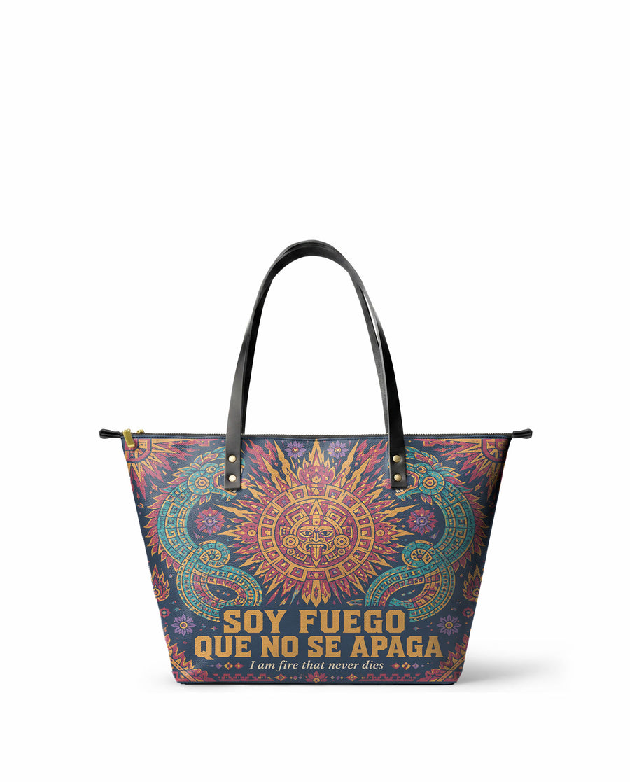 "Soy fuego que no se apaga" ver.3 Leather Tote Bag