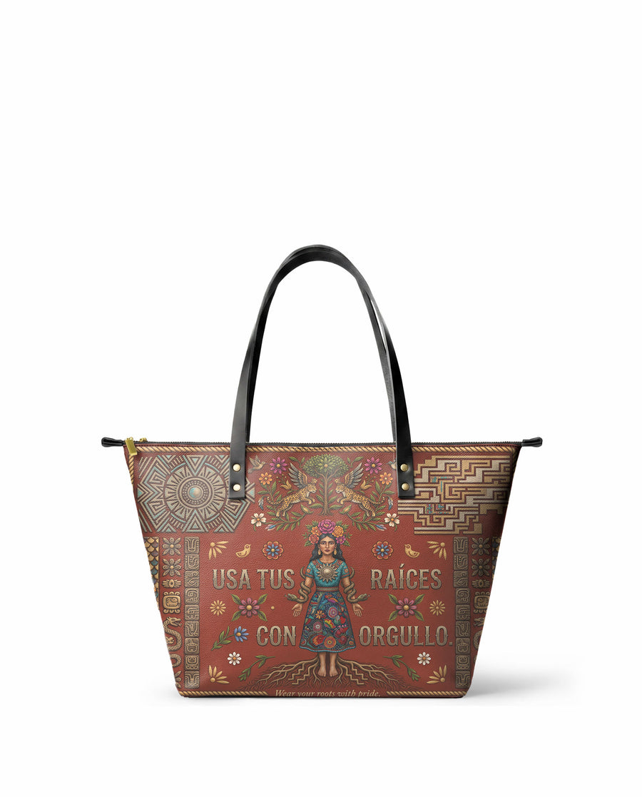 "Usa tus raíces con orgullo" ver.2 Leather Tote Bag