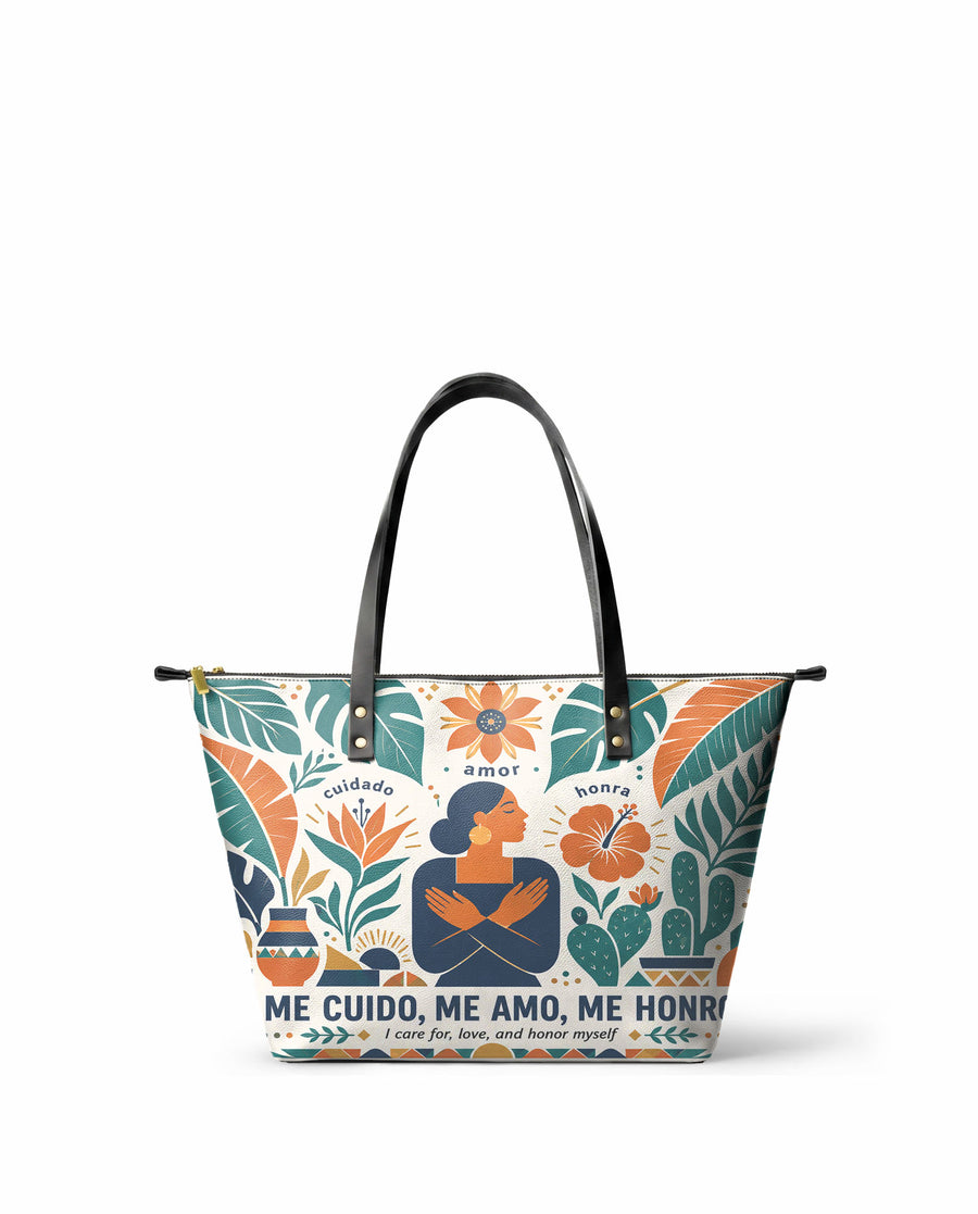 "Me cuido, me amo, me honro" ver.4 Leather Tote Bag