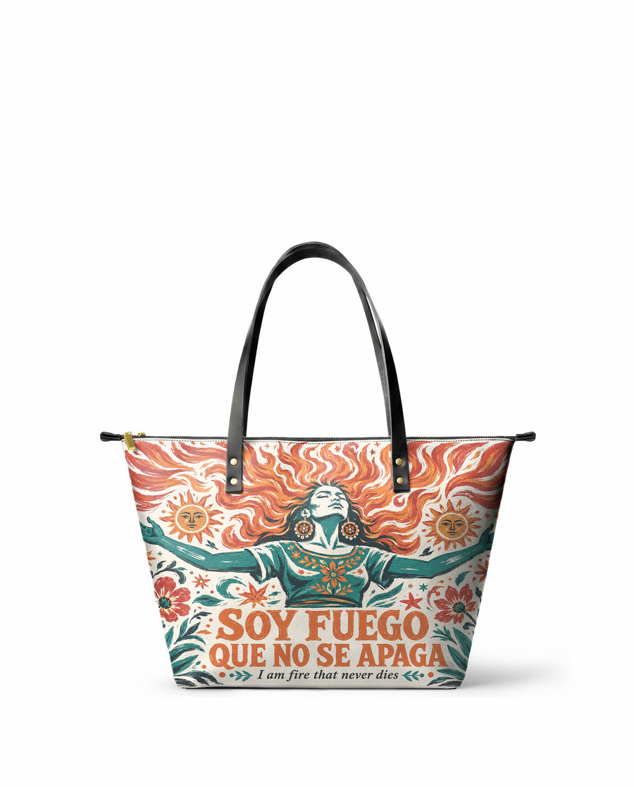 "Soy fuego que no se apaga" ver.4 Leather Tote Bag