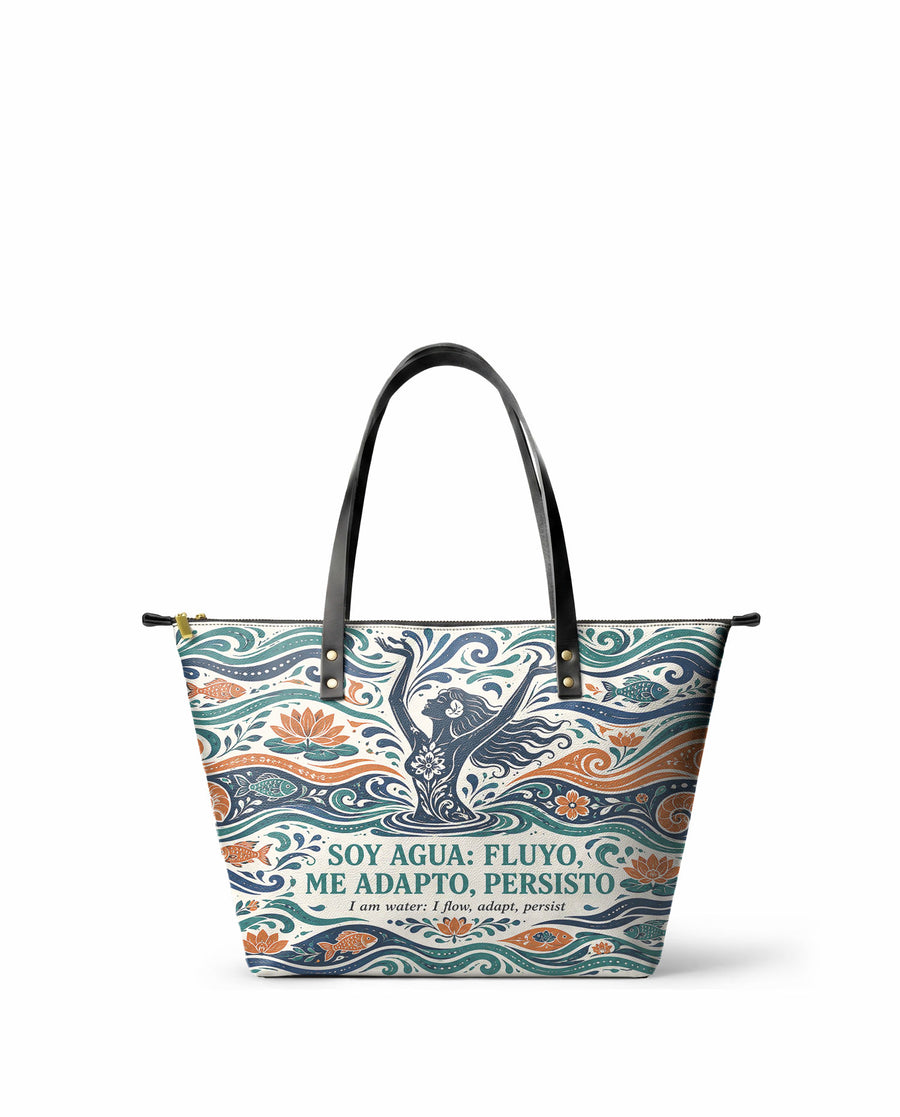 "Soy agua fluyo, me adapto, persisto" ver.1 Leather Tote Bag