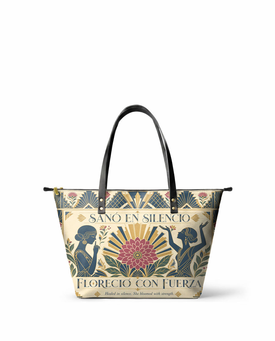"Sanó en silencio, floreció con fuerza" ver.3 Leather Tote Bag