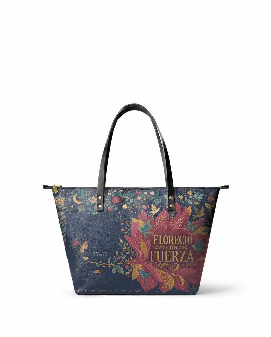 "Sanó en silencio, floreció con fuerza" ver.2 Leather Tote Bag