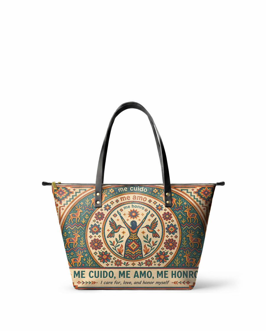 "Me cuido, me amo, me honro" ver.1 Leather Tote Bag