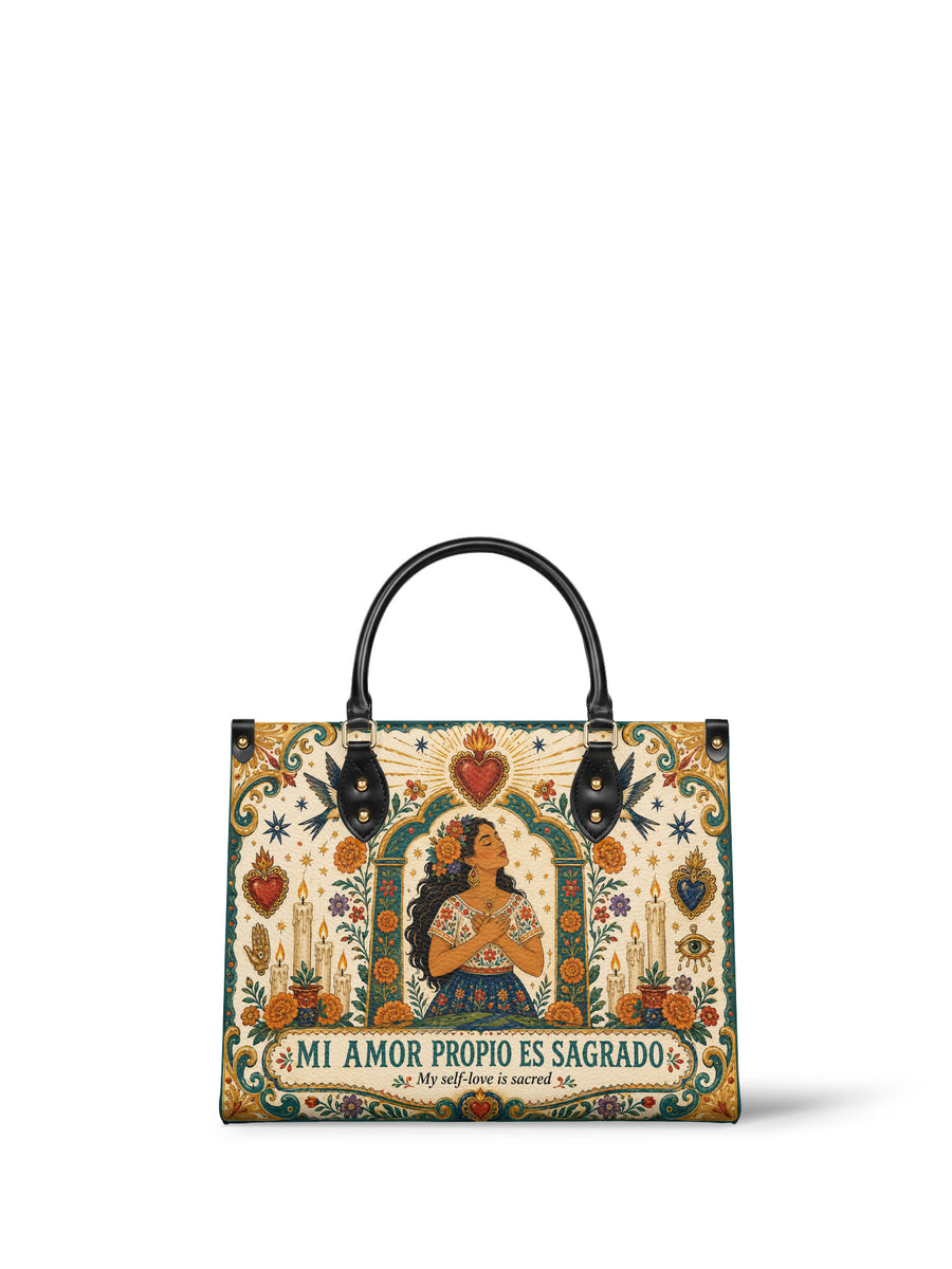 "Mi amor propio es sagrado" ver.1 Leather Handbag