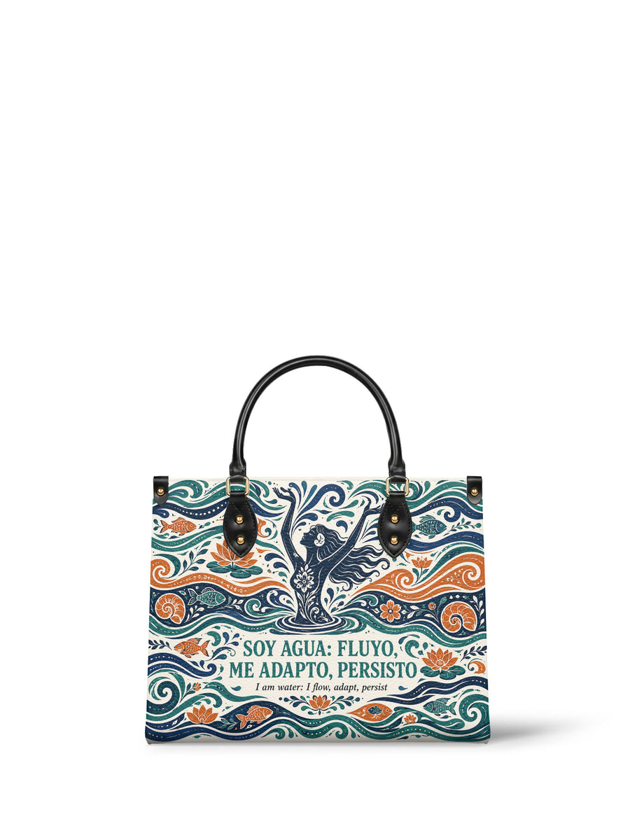"Soy agua fluyo, me adapto, persisto" ver.1 Leather Handbag