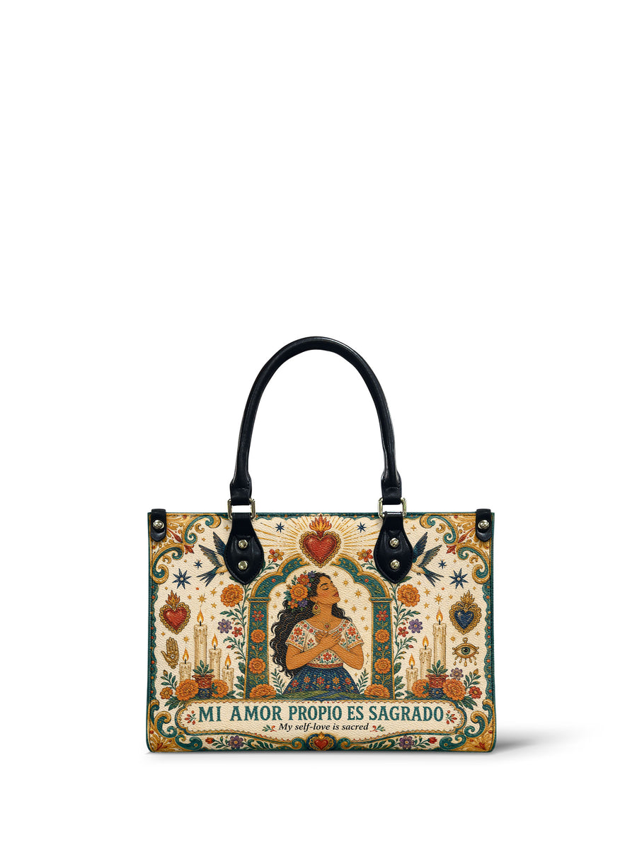 "Mi amor propio es sagrado" ver.1 Small Leather Handbag