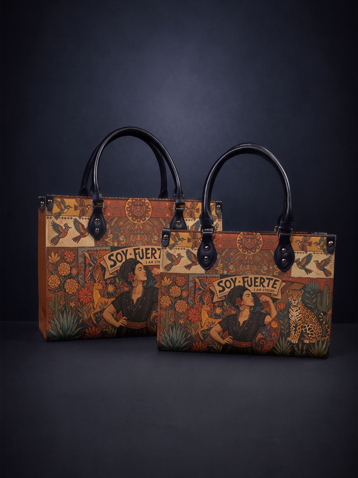 Paleta Soy Fuerte leather handbag in medium and small side by side, showing the size difference
