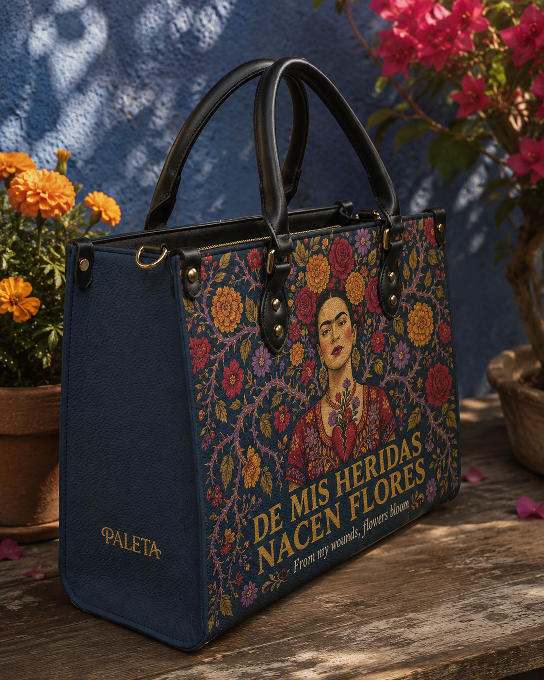 "De mis heridas nacen flores" ver.3 Leather Handbag