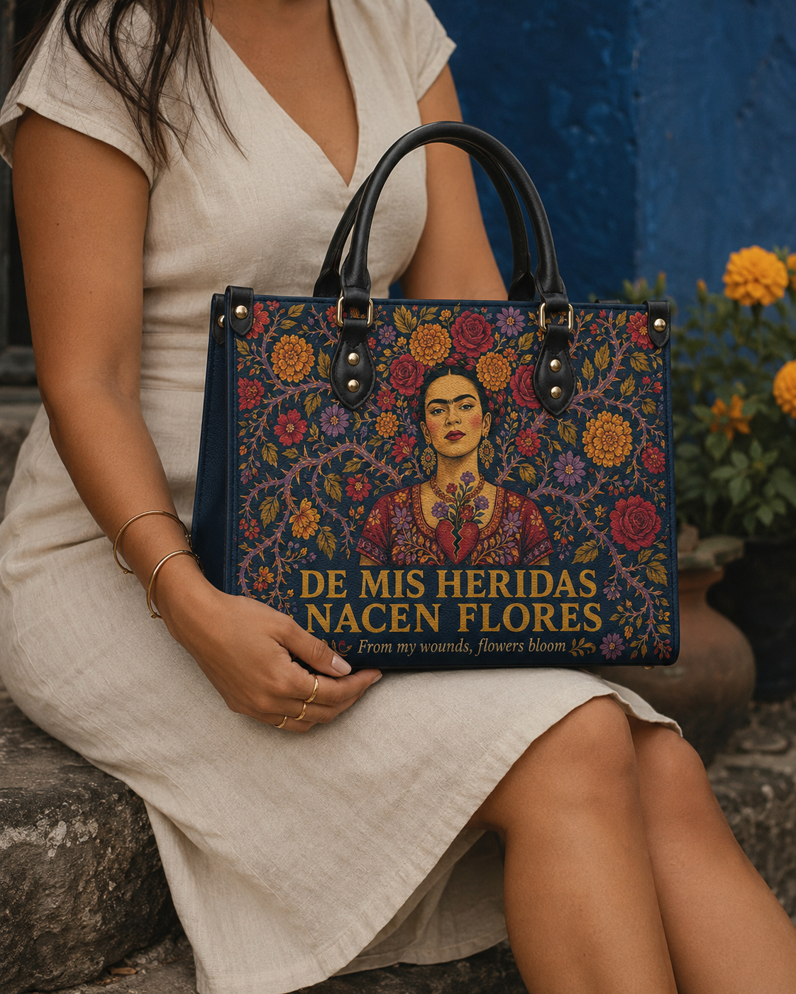 "De mis heridas nacen flores" ver.3 Leather Handbag