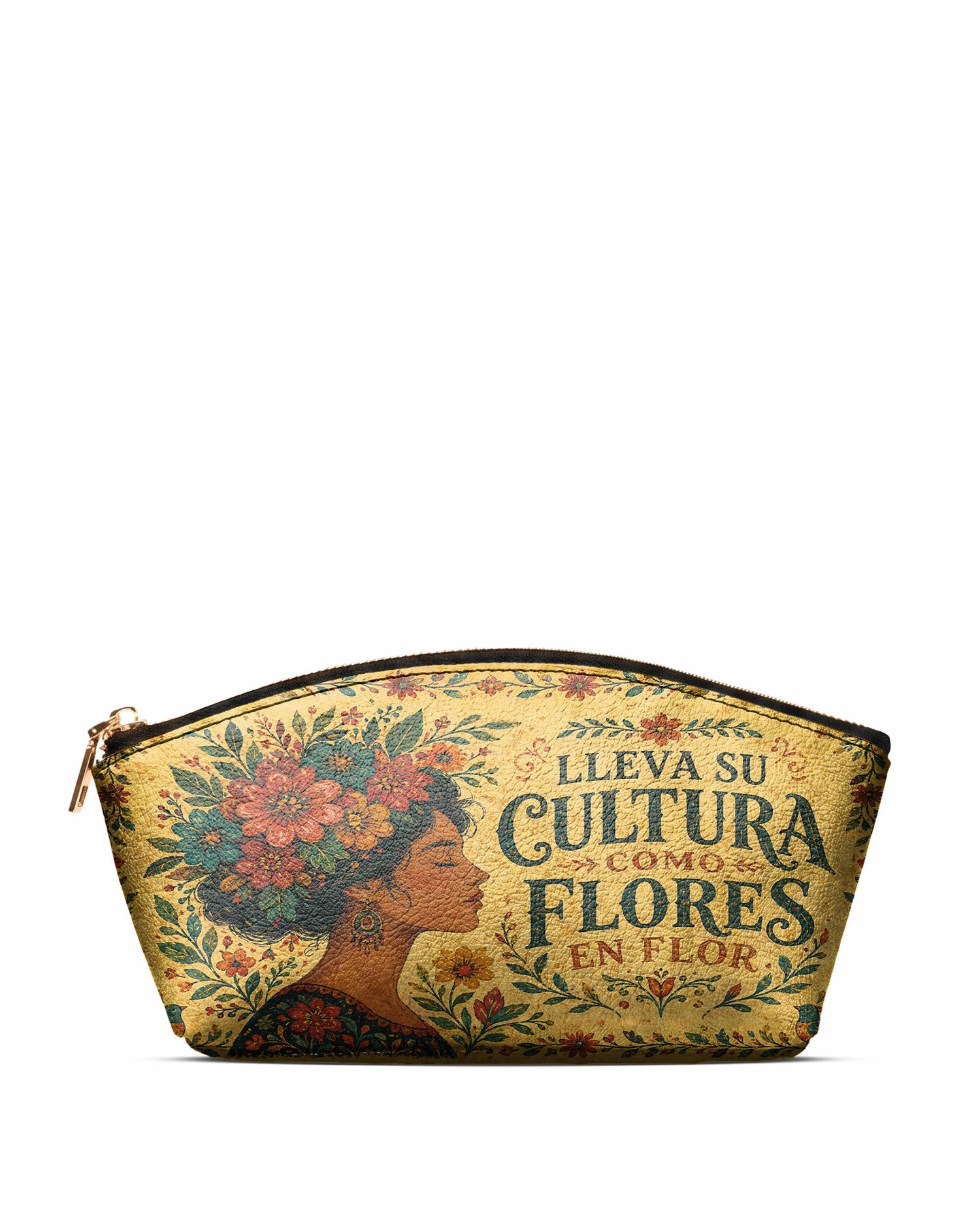"Lleva su cultura como flores en flor" ver.1 Eclipse Makeup Bag - front view | Paleta Bags