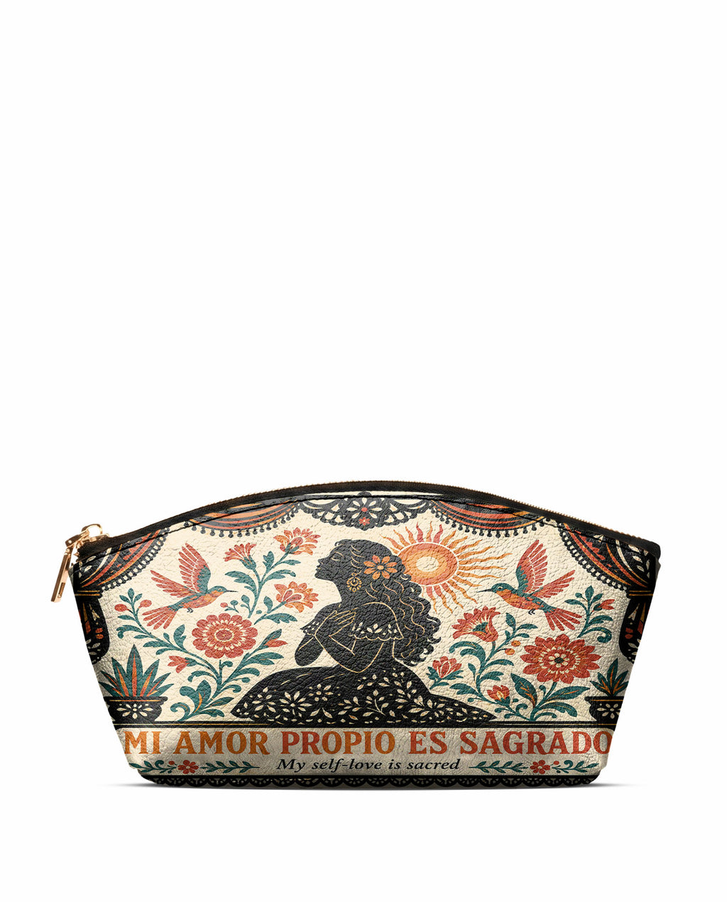 "Mi amor propio es sagrado" ver.5 Eclipse Makeup Bag - front view | Paleta Bags