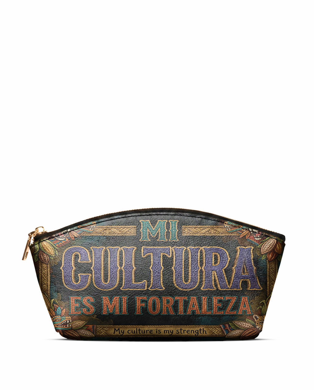 "Mi cultura es mi fortaleza" ver.3 Eclipse Makeup Bag - front view | Paleta Bags