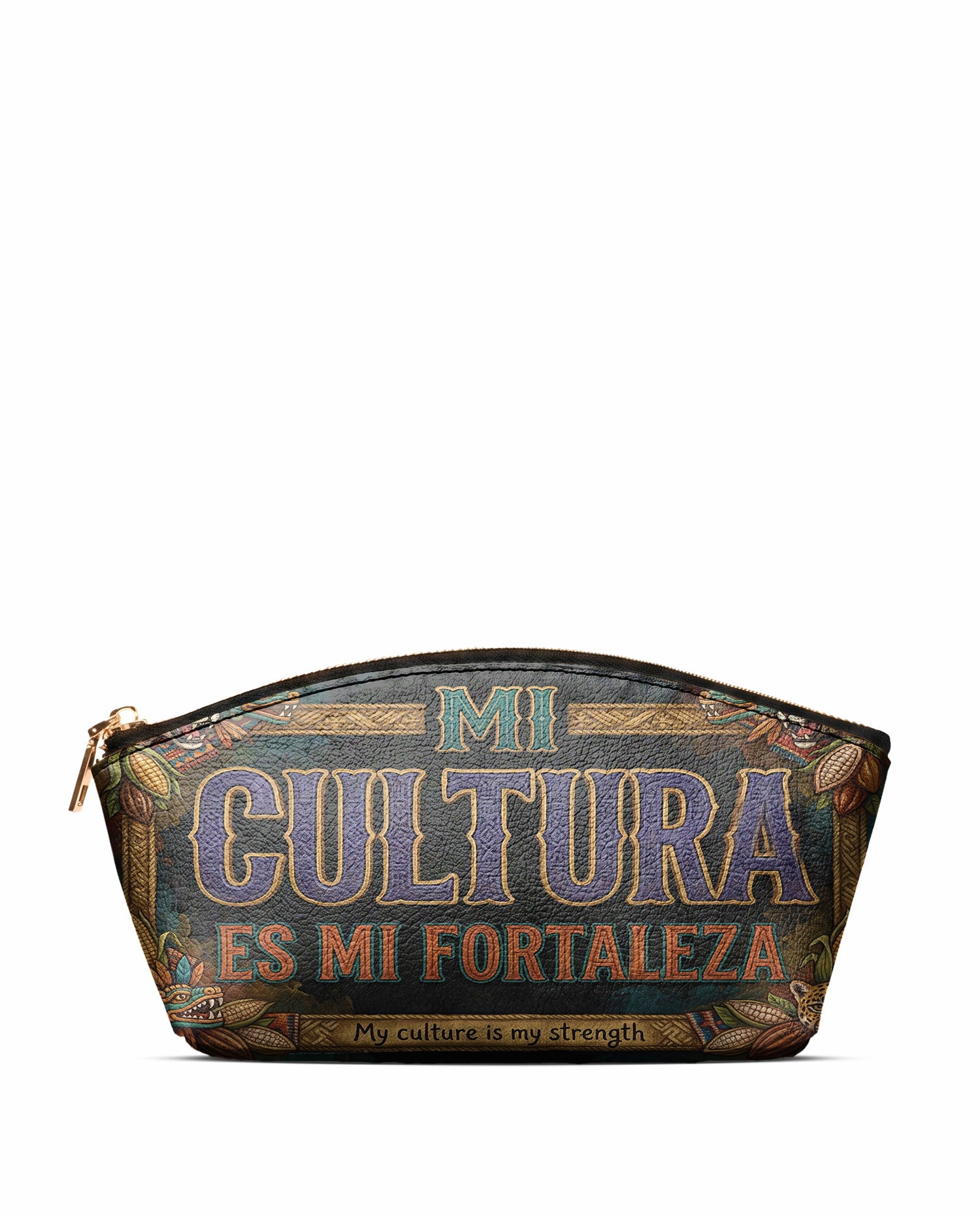 "Mi cultura es mi fortaleza" ver.3 Eclipse Makeup Bag - front view | Paleta Bags