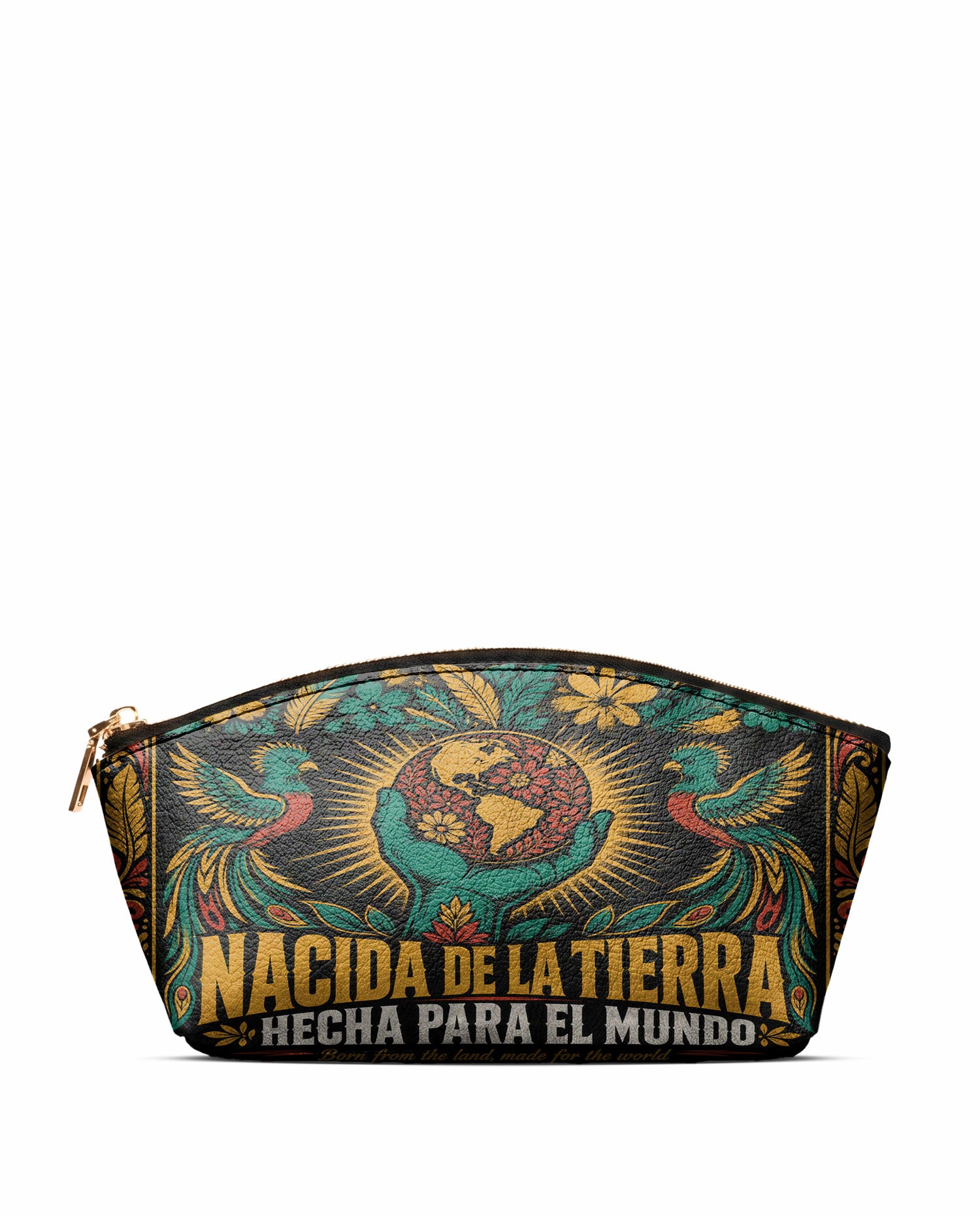 "Nacida de la tierra, hecha para el mundo" ver.4 Eclipse Makeup Bag - front view | Paleta Bags