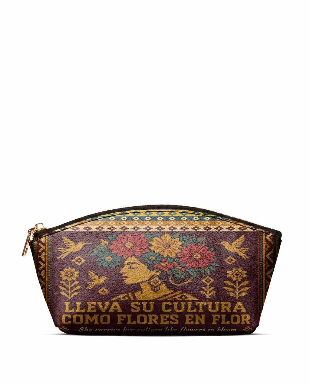 "Lleva su cultura como flores en flor" ver.4 Eclipse Makeup Bag - front view | Paleta Bags