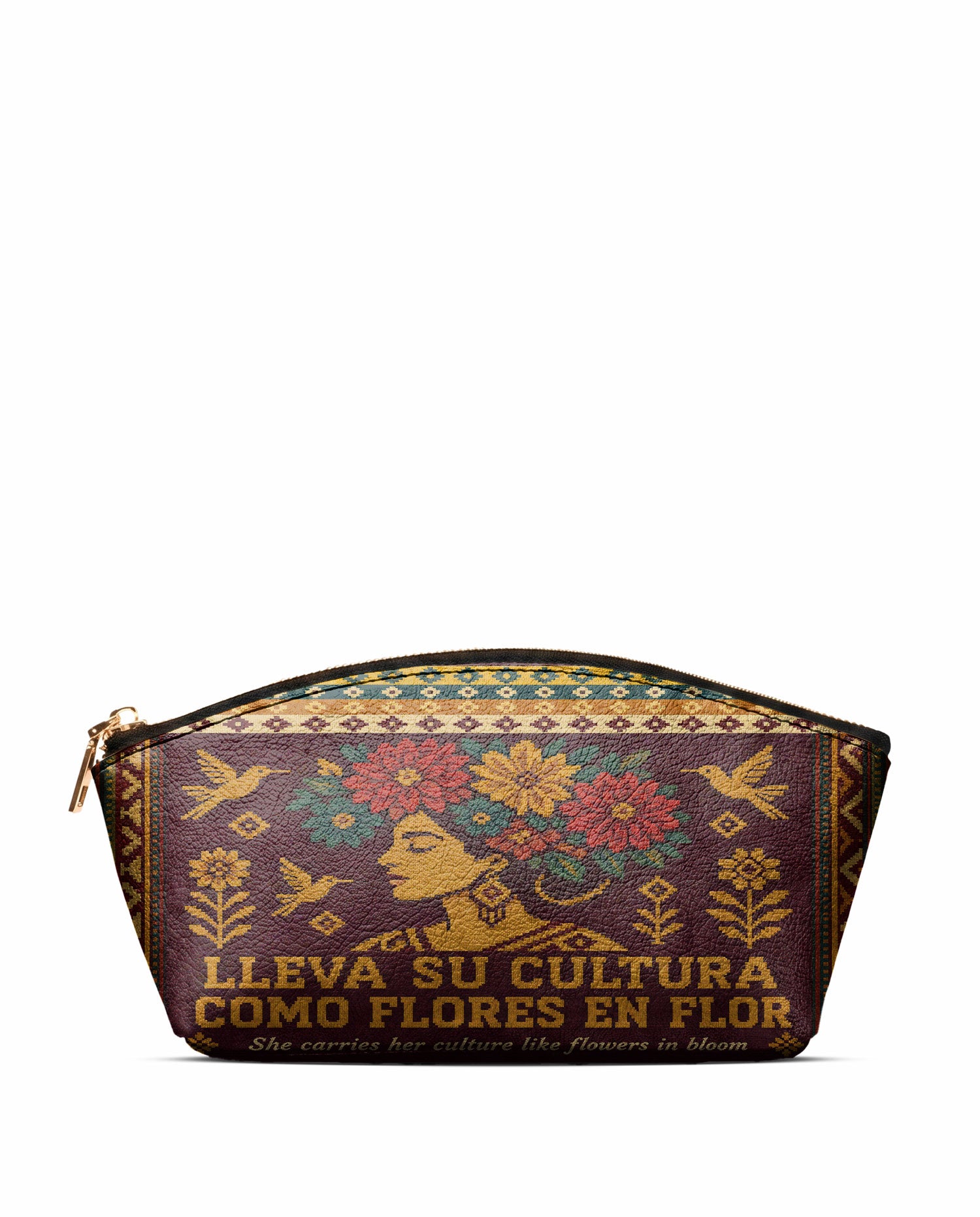 "Lleva su cultura como flores en flor" ver.4 Eclipse Makeup Bag - front view | Paleta Bags