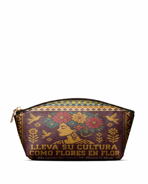 "Lleva su cultura como flores en flor" ver.4 Eclipse Makeup Bag - front view | Paleta Bags