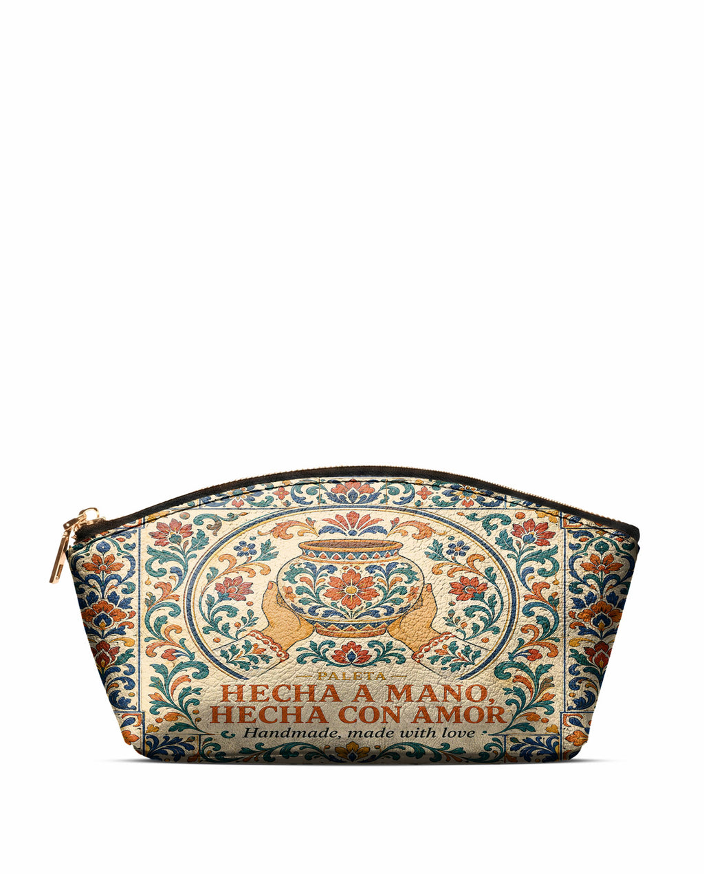 "Hecha a mano, hecha con amor" ver.2 Eclipse Makeup Bag - front view | Paleta Bags