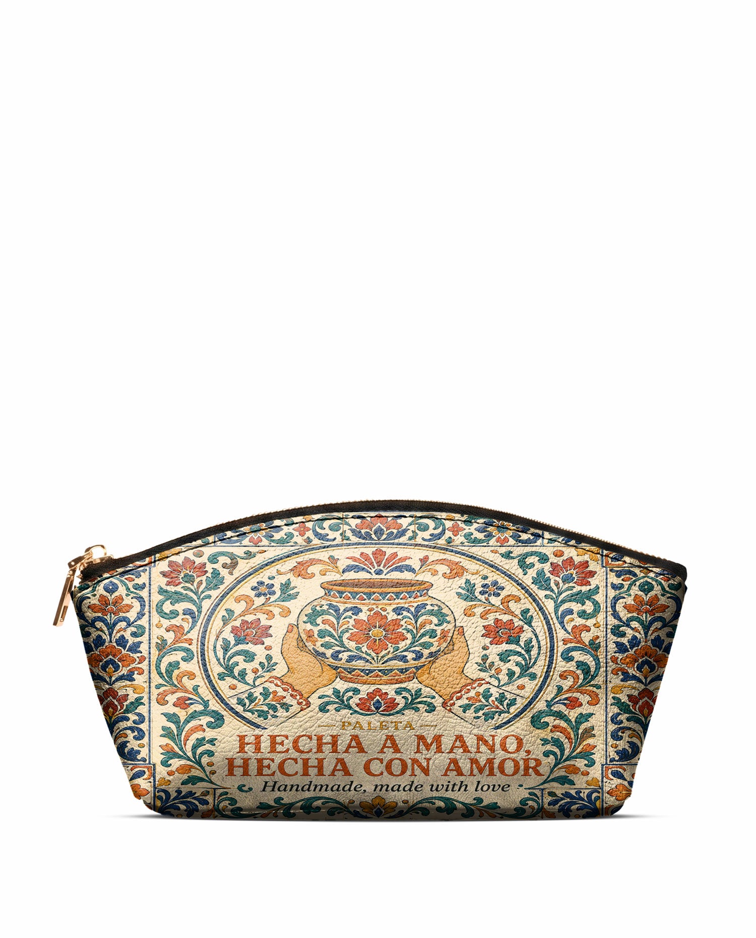 "Hecha a mano, hecha con amor" ver.2 Eclipse Makeup Bag - front view | Paleta Bags