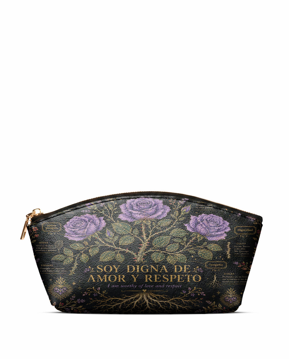 Near black makeup bag drawn as a botanical plate, three lilac roses on one stem with gold roots and small labelled annotation panels
