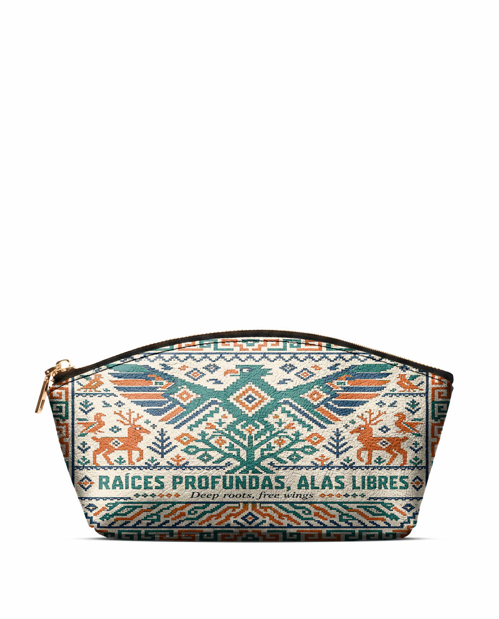 "Raíces profundas, alas libres" ver.4 Eclipse Makeup Bag - front view | Paleta Bags