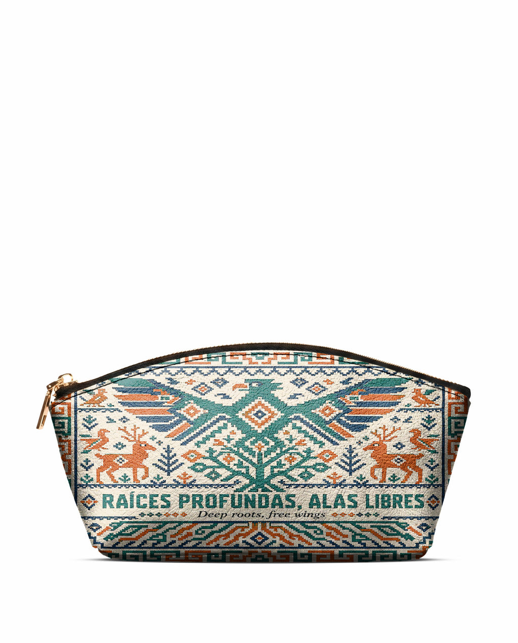 "Raíces profundas, alas libres" ver.4 Eclipse Makeup Bag - front view | Paleta Bags