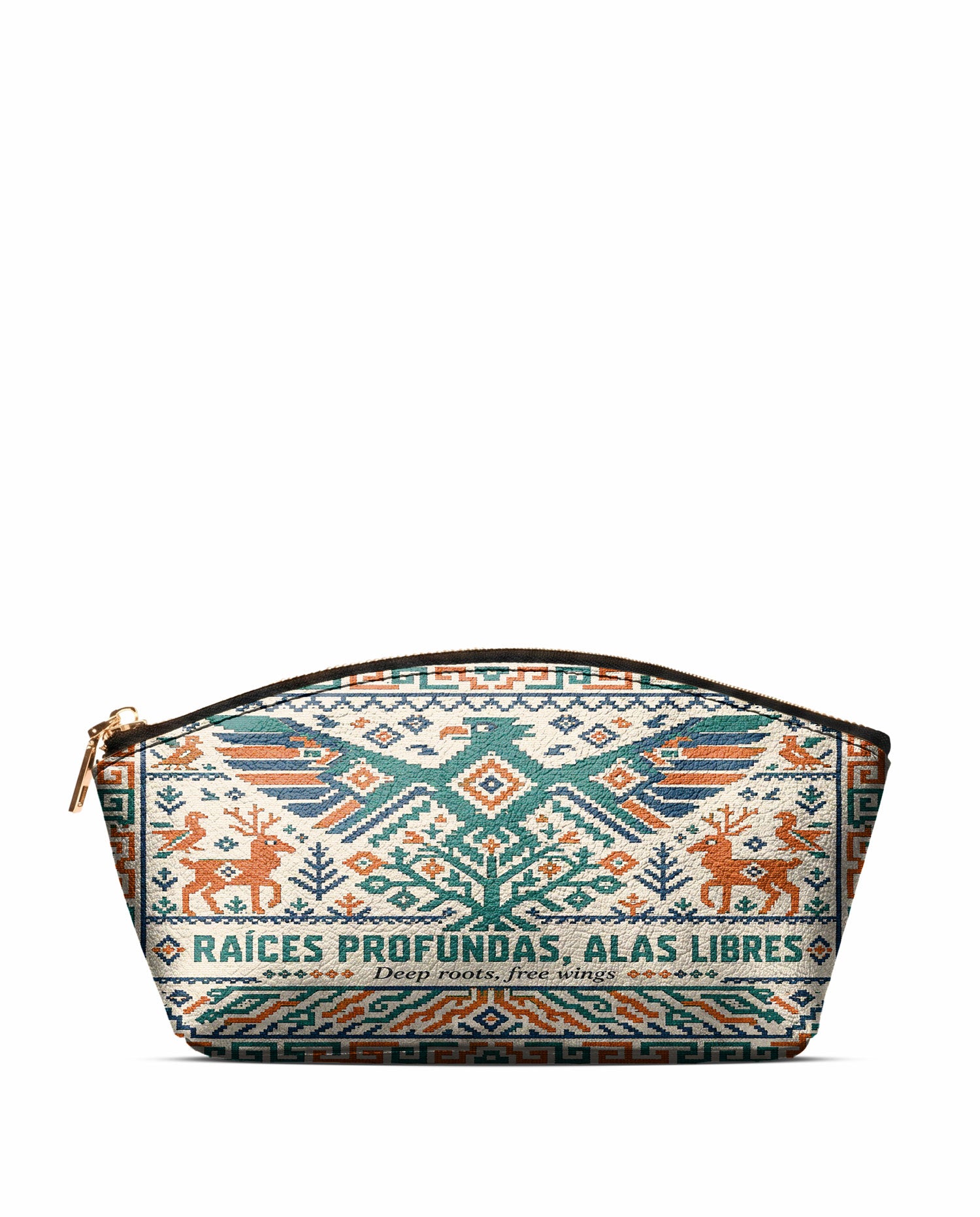 "Raíces profundas, alas libres" ver.4 Eclipse Makeup Bag - front view | Paleta Bags