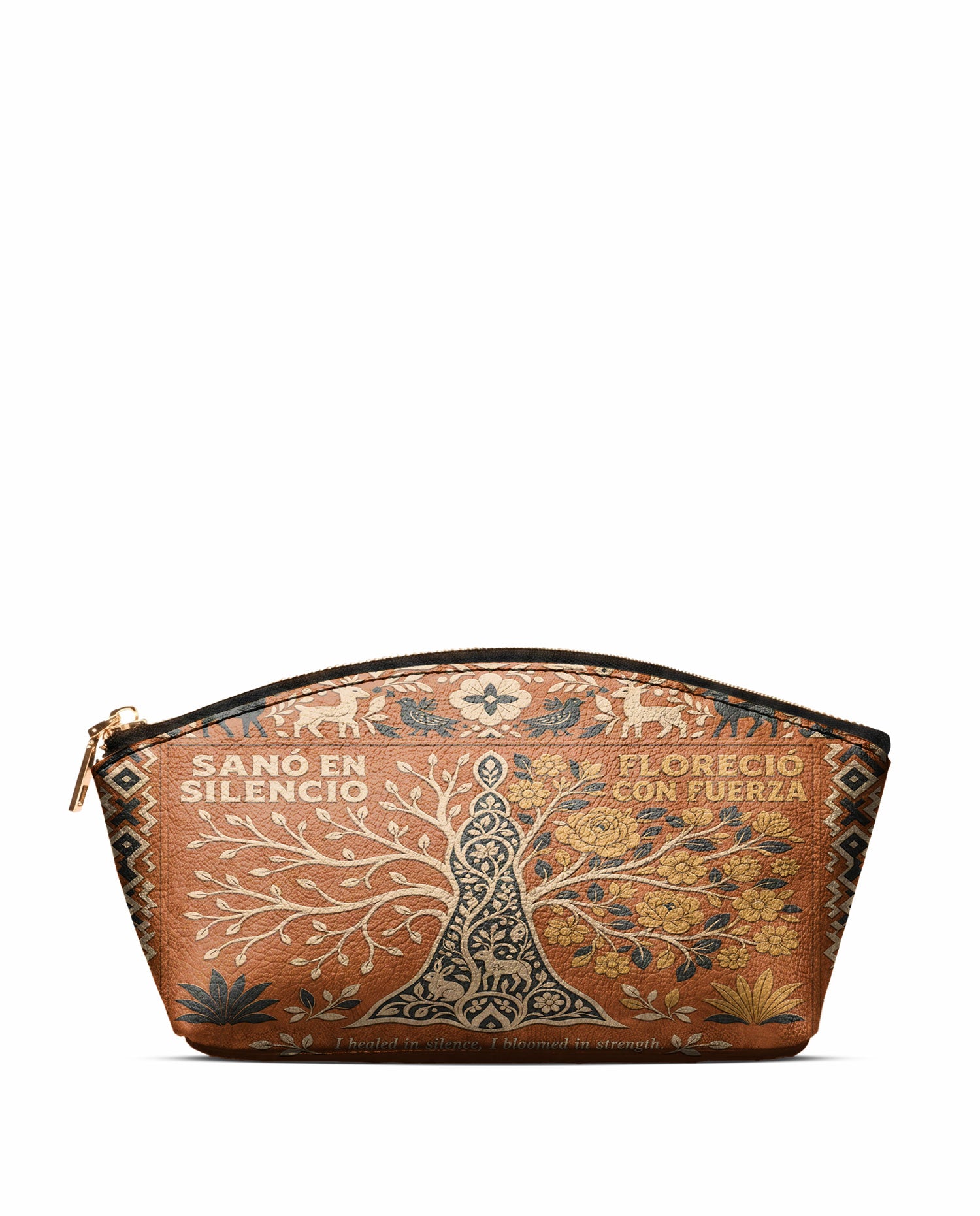 "Sanó en silencio, floreció con fuerza" ver.4 Eclipse Makeup Bag - front view | Paleta Bags