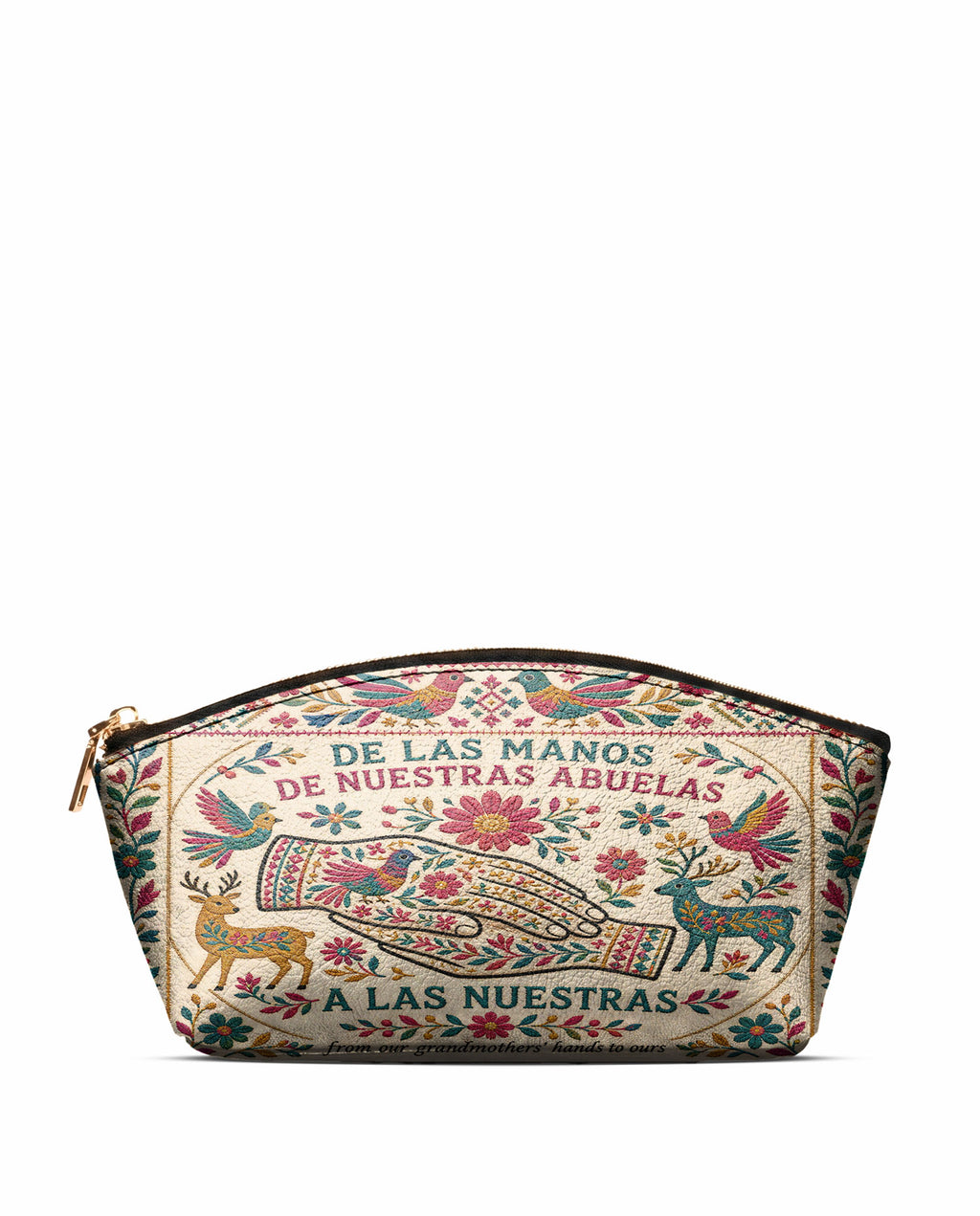 "De las manos de nuestras abuelas a las nuestras" ver.1 Eclipse Makeup Bag - front view | Paleta Bags