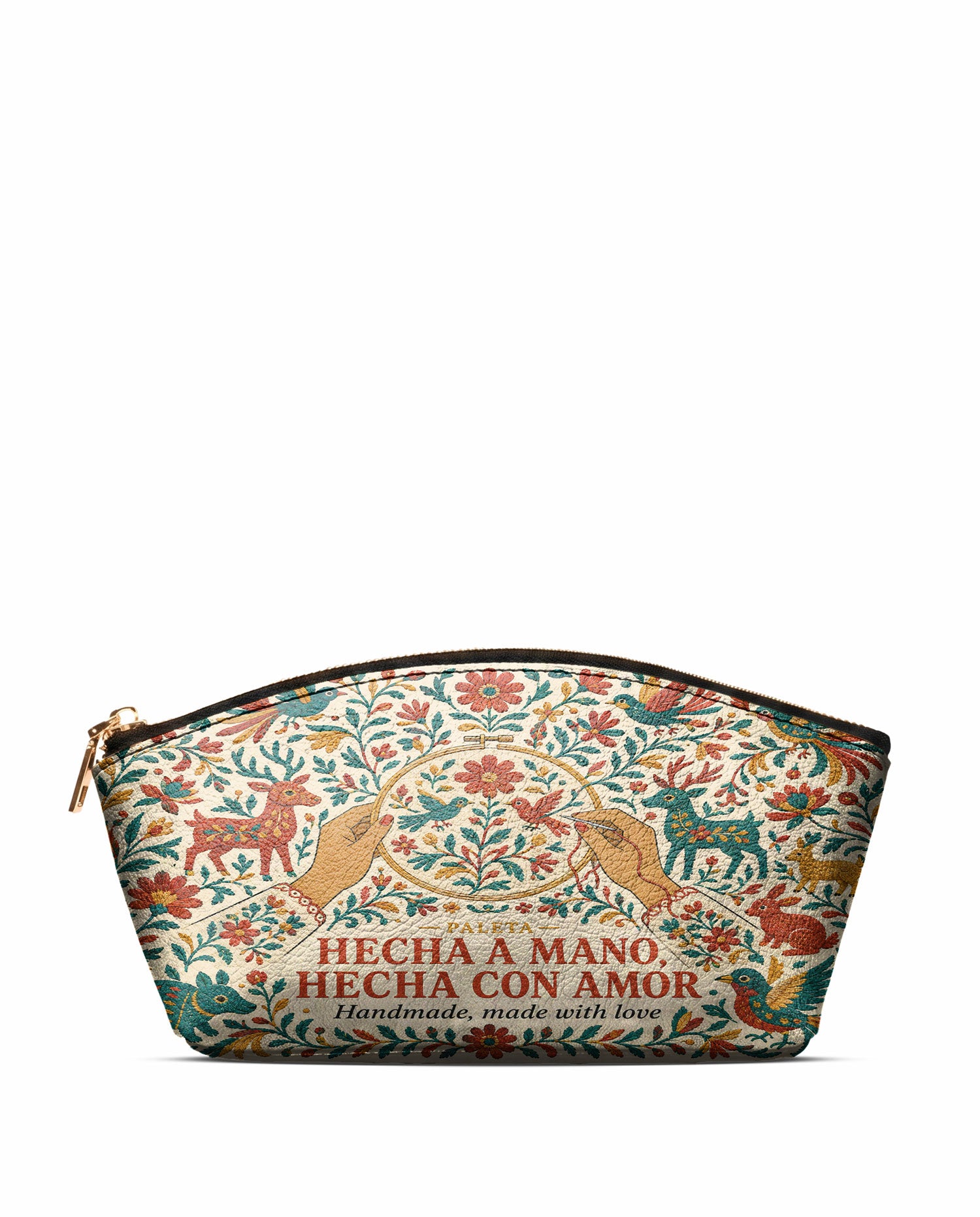 "Hecha a mano, hecha con amor" ver.1 Eclipse Makeup Bag - front view | Paleta Bags