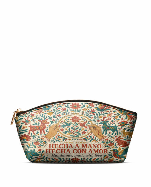 "Hecha a mano, hecha con amor" ver.1 Eclipse Makeup Bag - front view | Paleta Bags