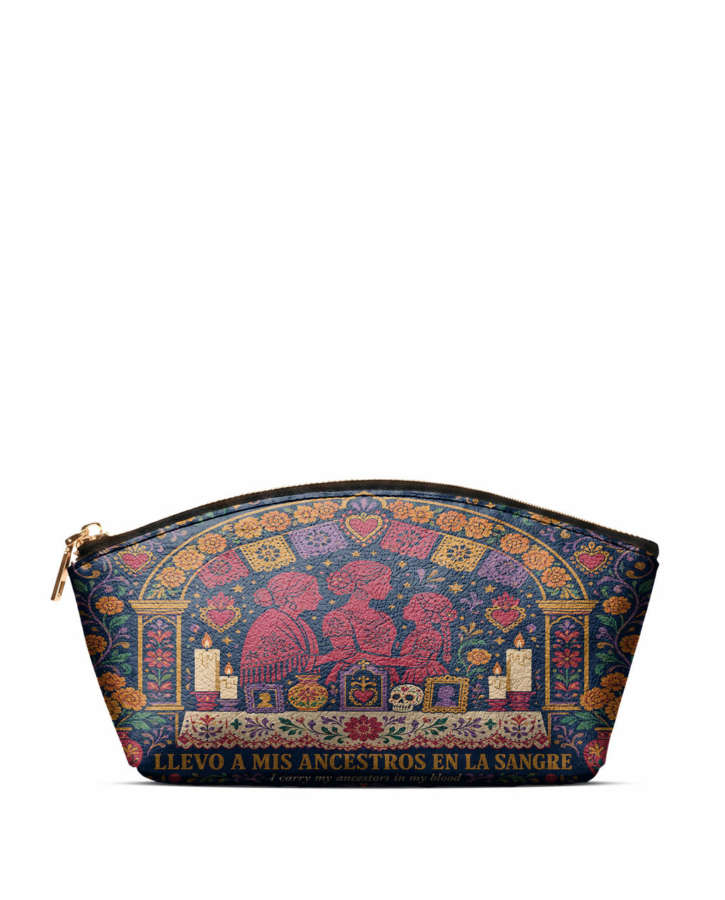 "Llevo a mis ancestros en la sangre" ver.1 Eclipse Makeup Bag - front view | Paleta Bags