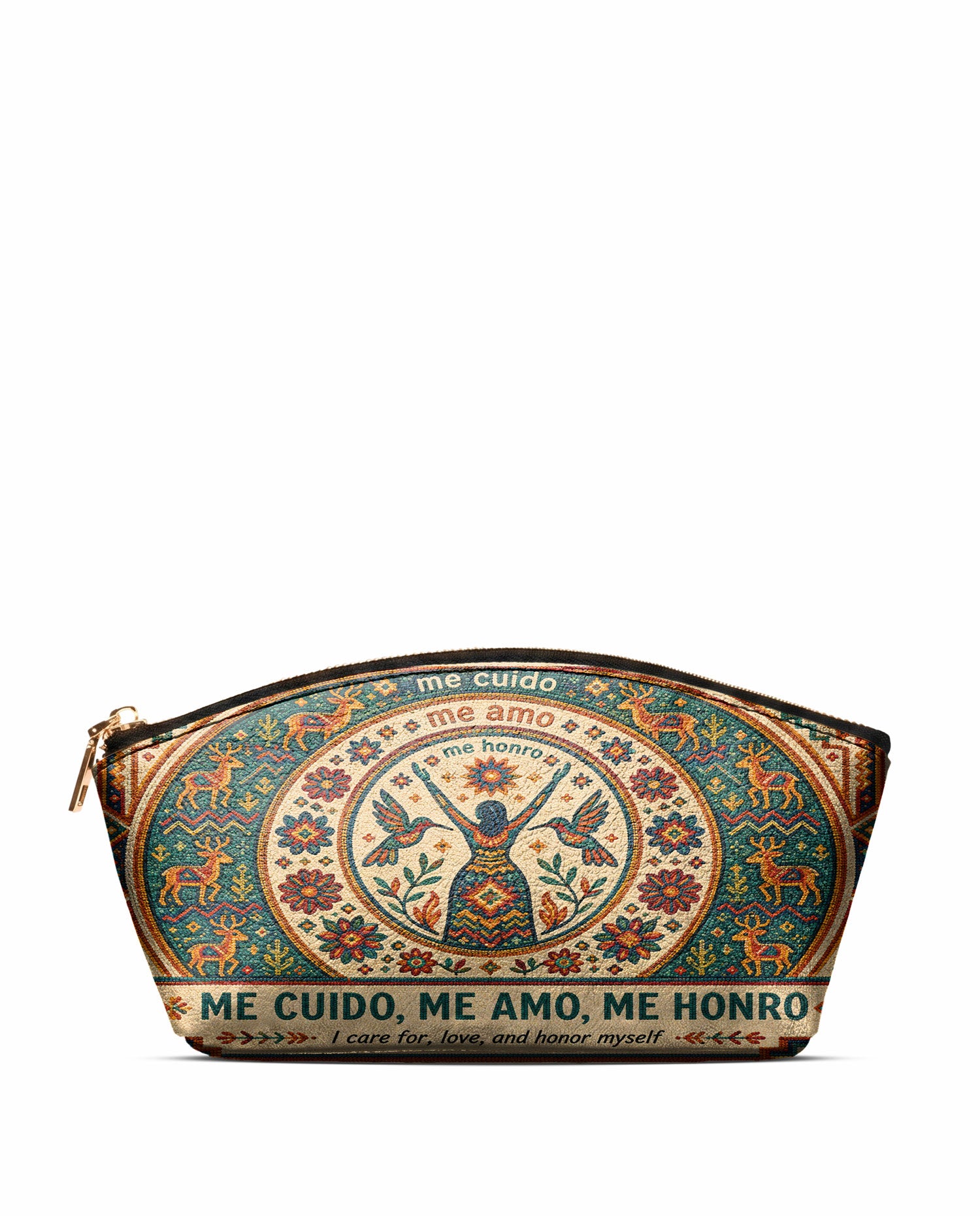 "Me cuido, me amo, me honro" ver.1 Eclipse Makeup Bag - front view | Paleta Bags
