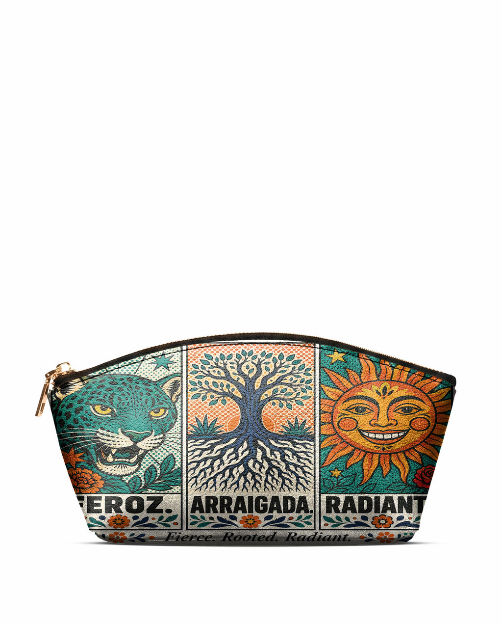 "Feroz. Arraigada. Radiante" ver.3 Eclipse Makeup Bag - front view | Paleta Bags