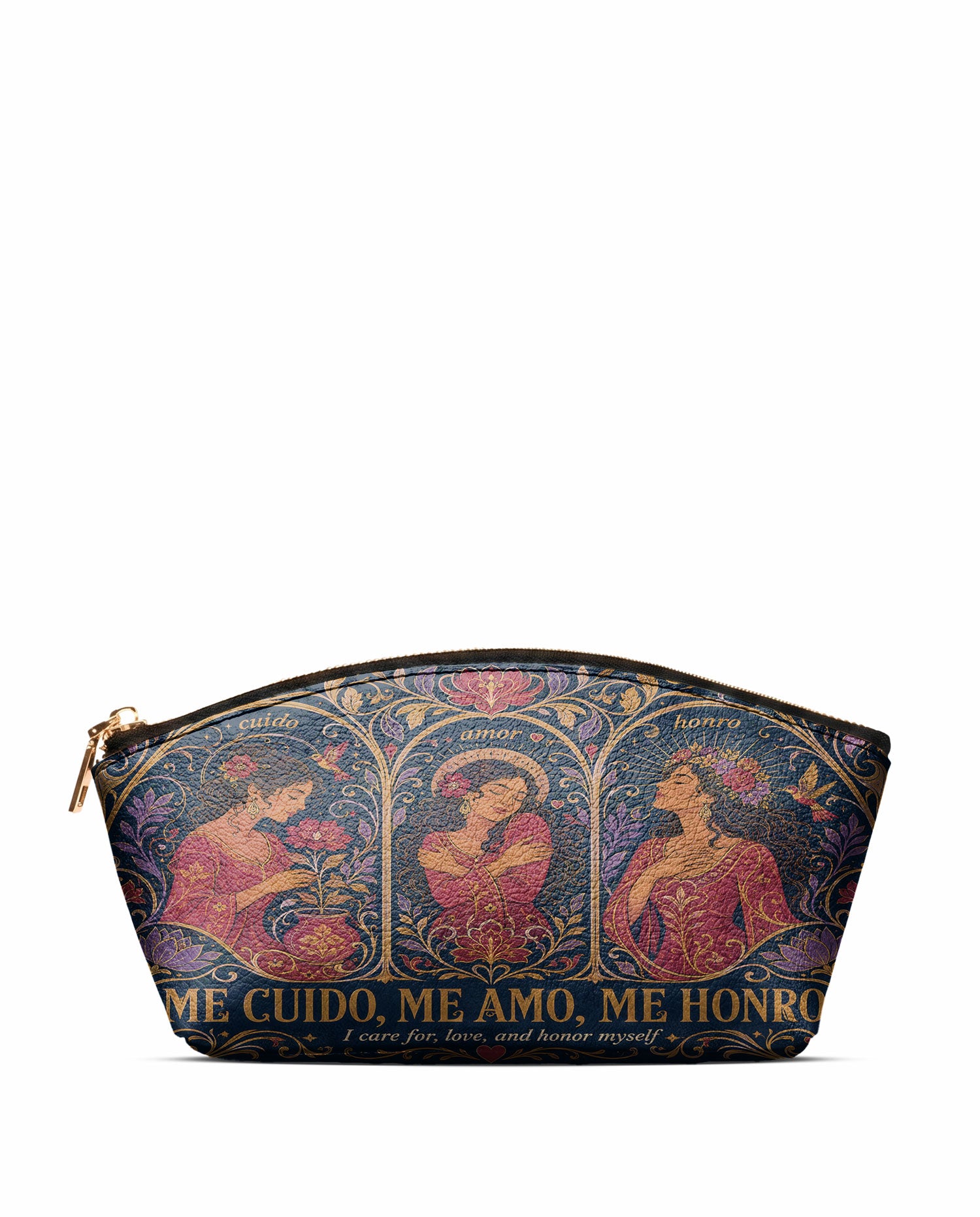 "Me cuido, me amo, me honro" ver.3 Eclipse Makeup Bag - front view | Paleta Bags