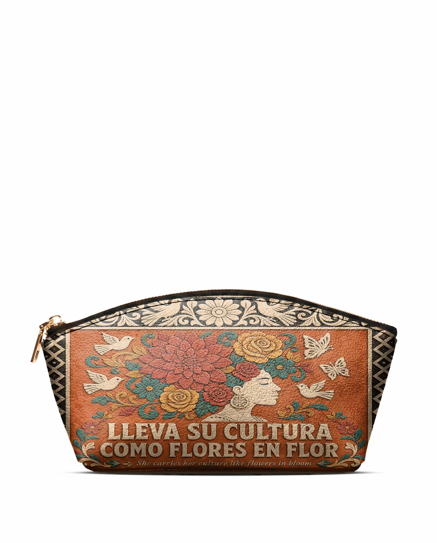 "Lleva su cultura como flores en flor" ver.3 Eclipse Makeup Bag - front view | Paleta Bags