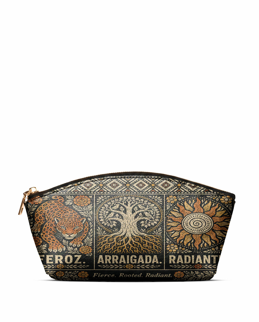 "Feroz. Arraigada. Radiante" ver.4 Eclipse Makeup Bag - front view | Paleta Bags