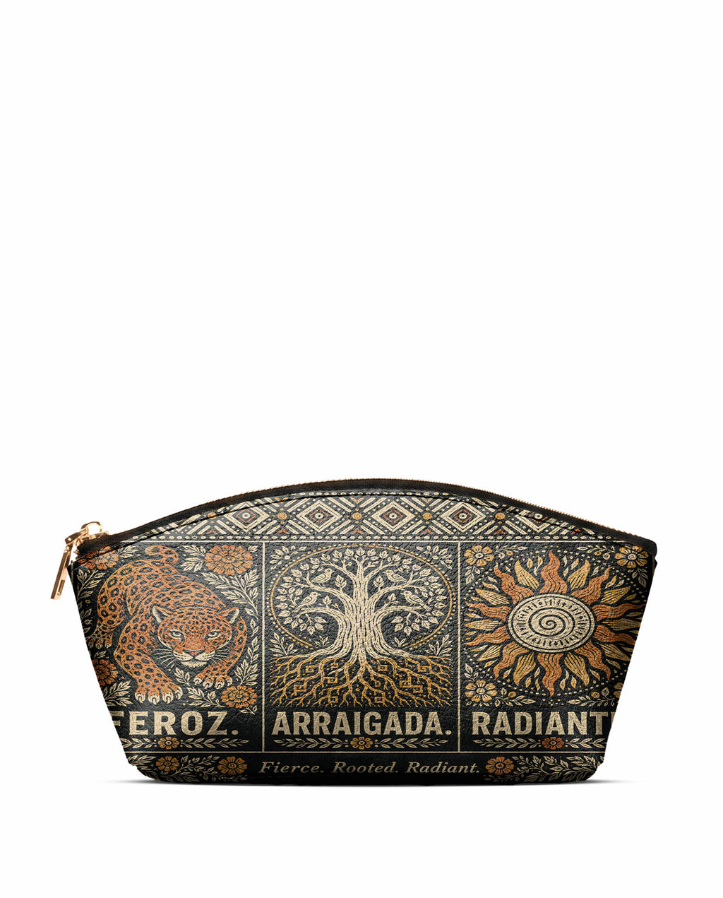 "Feroz. Arraigada. Radiante" ver.4 Eclipse Makeup Bag - front view | Paleta Bags