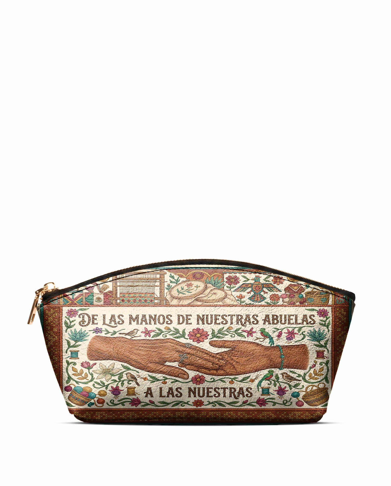 "De las manos de nuestras abuelas a las nuestras" ver.4 Eclipse Makeup Bag - front view | Paleta Bags
