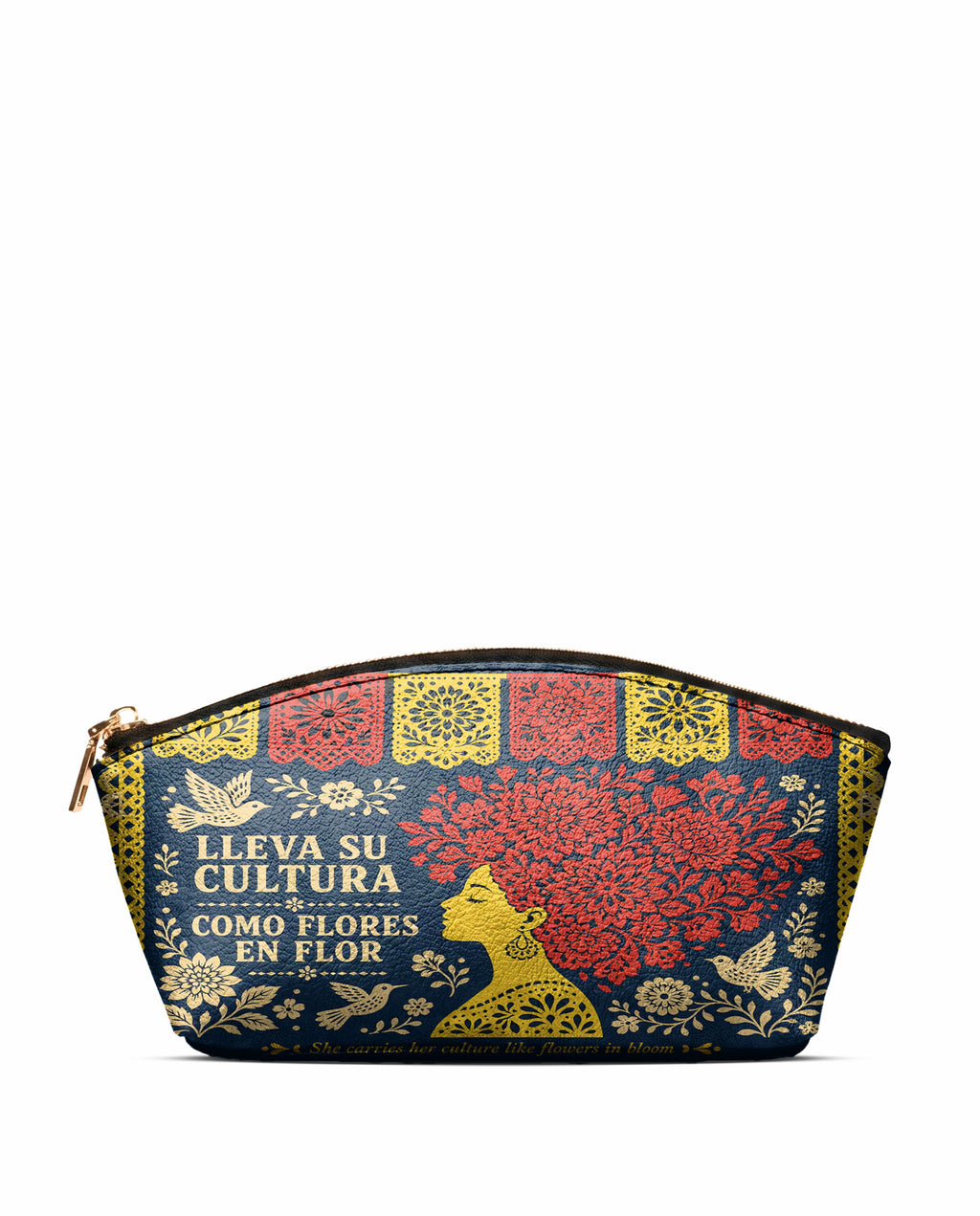 "Lleva su cultura como flores en flor" ver.2 Eclipse Makeup Bag - front view | Paleta Bags