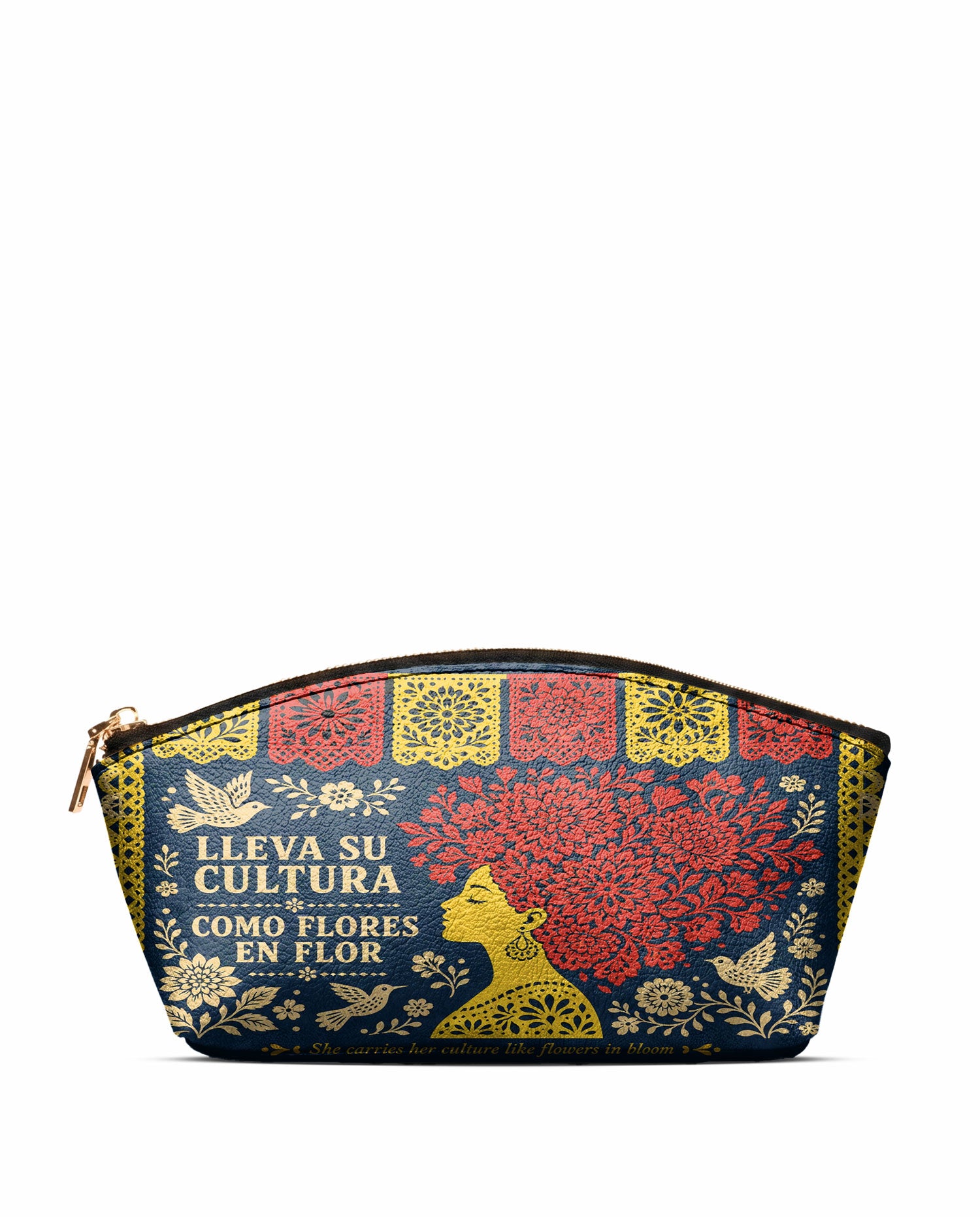"Lleva su cultura como flores en flor" ver.2 Eclipse Makeup Bag - front view | Paleta Bags
