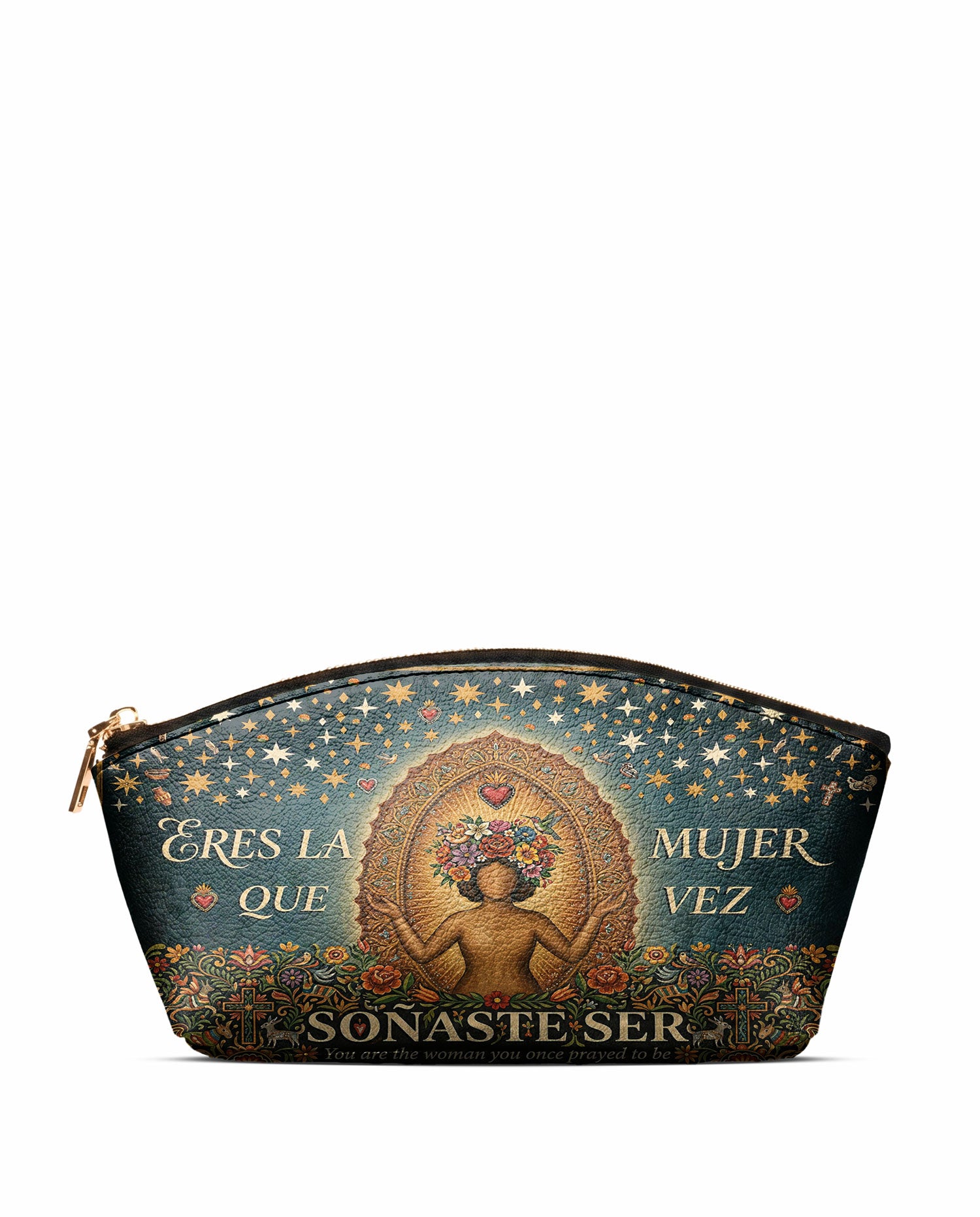 "Eres la mujer que alguna vez soñaste ser" ver.4 Eclipse Makeup Bag - front view | Paleta Bags