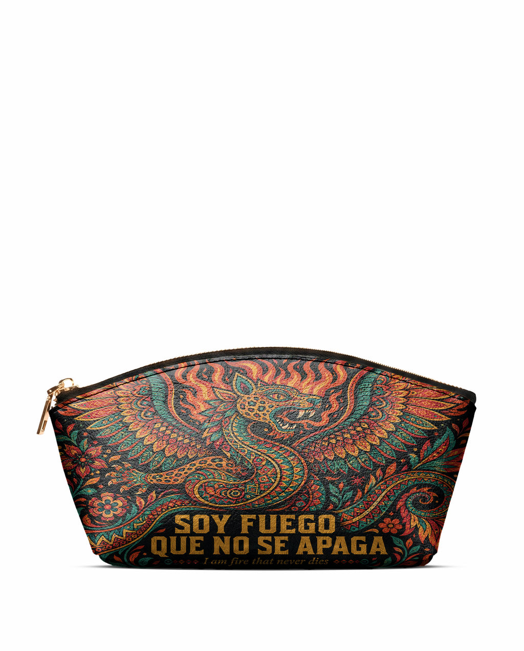 "Soy fuego que no se apaga" ver.1 Eclipse Makeup Bag - front view | Paleta Bags
