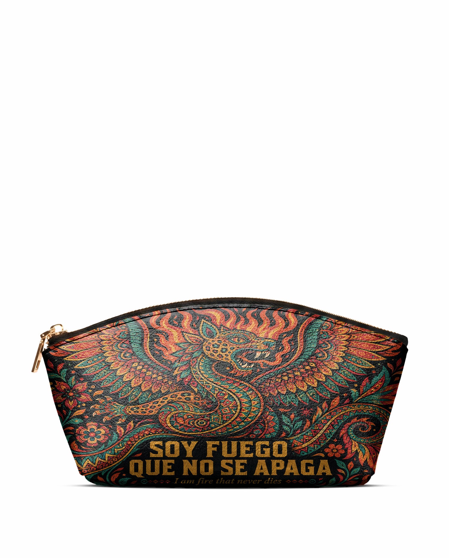 "Soy fuego que no se apaga" ver.1 Eclipse Makeup Bag - front view | Paleta Bags